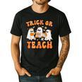 Teacher Halloween Trick Or Teach Retro Groovy Floral Ghost Men's Casual T-Shirt Black Teacher Halloween Trick Or Teach Retro Groovy Floral Ghost Men's Casual T-Shirt Black