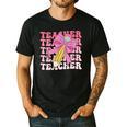 Teacher Pencil Back To School Groovy Pink Teacher First Day Men's Casual T-Shirt Black