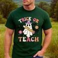 Trick Or Teach Groovy Teacher Halloween Retro Floral Ghost Men's Casual T-Shirt Forest