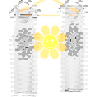 オレンジ70年代レトロファンキーフラワー、イエロースマイルフェイス タンクトップ - Kawaiitshirt