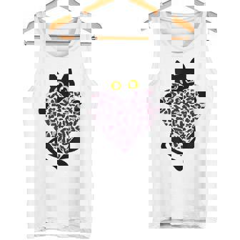 ピンクのヒョウ柄ハートを持つ黒猫 タンクトップ - Kawaiitshirt