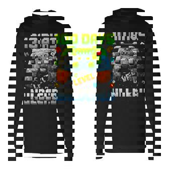 100 Days Of School Boys Gaming Pixel 100 Days Level Unlocked Long Sleeve T-Shirt - Monsterry