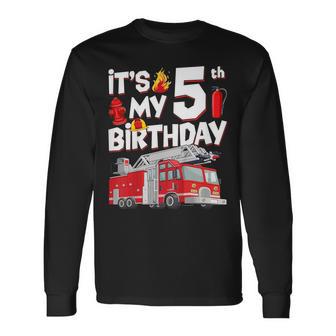 5Th Birthday Boy Fire Truck 5 Years Old Toddler Firefighter Long Sleeve T-Shirt - Thegiftio UK