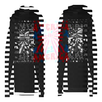 American Coquette Bow Patriotic Usa Flag Happy 4Th Of July Long Sleeve T-Shirt | Mazezy