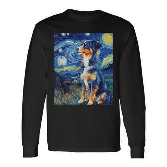 Australian Shepherd Dog Van Gogh Style Starry Night Long Sleeve T-Shirt | Mazezy