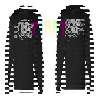 Back To School Neon Checkered First Grade Colorful Teacher Long Sleeve T-Shirt | Mazezy