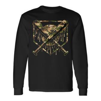 Baseball Drip Ice Cream Camo Home Plate Bats Sports Game Day Long Sleeve T-Shirt - Seseable