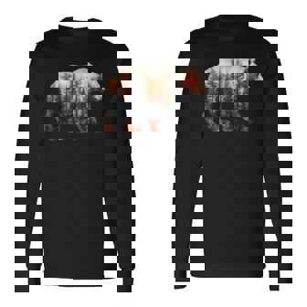 Bear Forest Mountains Trees Nature Sunset Outdoor Graphic Long Sleeve T-Shirt | Mazezy