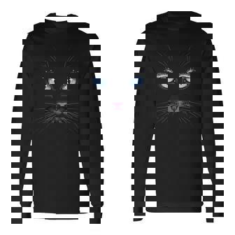 Black Cat Face Blue Eyes Sparkle Lashes Glamorous Cats Lover Long Sleeve T-Shirt | Seseable FR