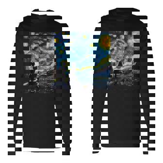 Black Cats Lover Starry Night Van Gogh Long Sleeve T-Shirt - Thegiftio