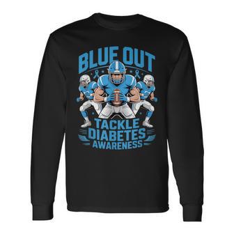Blue Out Tackle Diabetes Awareness Football Blue Ribbon Long Sleeve T-Shirt - Thegiftio UK