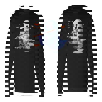 Boo Ghost Playing Flute Halloween Musical Instrument Long Sleeve T-Shirt | Mazezy