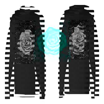 Botanical Rose In Turquoise Shade On Black Grunge Background Long Sleeve T-Shirt | Mazezy