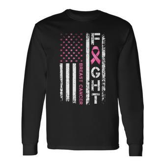 Breast Cancer Awareness Warrior American Flag Pink Ribbon Long Sleeve T-Shirt - Thegiftio UK