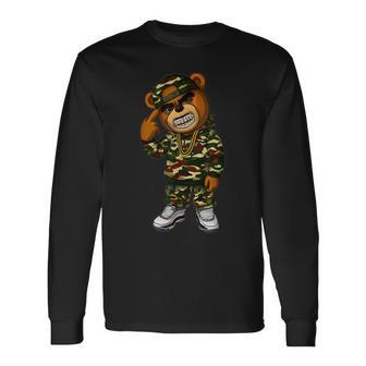 Camo Hip Hop Teddy Bear Camouflage Gangsta Streetwear Hustle Long Sleeve T-Shirt - Thegiftio UK
