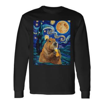 Capybara In Van Gogh Starry Night Don't Worry Be Capy Cappy Long Sleeve T-Shirt - Thegiftio UK