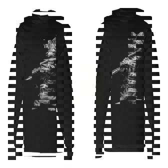 Cat Playing Flute For Cat Lover Cat Mom Cat Dad Long Sleeve T-Shirt | Mazezy