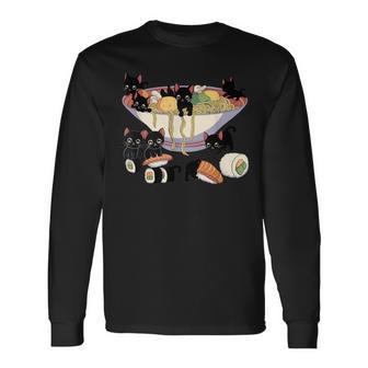 Cat Ramen Sushi Kitten Eating Noodles Sushi Japanese Anime Long Sleeve T-Shirt - Monsterry
