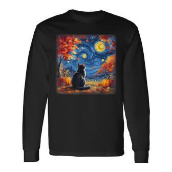 Cat Starry Night Van Gogh Cat Lover Thanksgiving Fall Autumn Long Sleeve T-Shirt - Thegiftio UK
