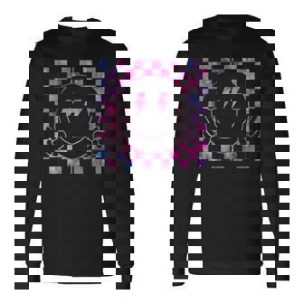 Checkered Lightning Bolt Eyes Happy Smiling Smile Face Peace Long Sleeve T-Shirt - Thegiftio