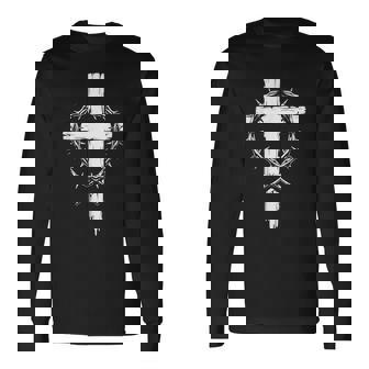 Christian Cross Punk Art Style Crown Of Thorns Jesus Christ Long Sleeve T-Shirt | Mazezy