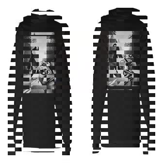 Comical Dachshund Encounters Mythical Creatures Bigfoot And Dachshund On Road Black Small Short Sleeve Long Sleeve T-Shirt | Mazezy