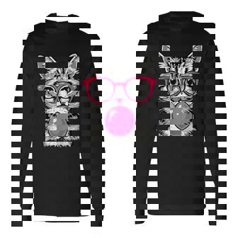 Cute Cat With Glasses Blowing Pink Bubble Gum Long Sleeve T-Shirt | Seseable FR