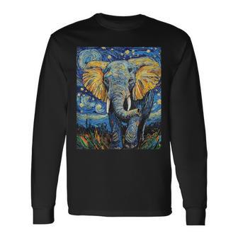 Cute Elephant Africa Van Gogh Style Starry Night Long Sleeve T-Shirt - Monsterry