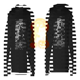 Cute Ghost And Cat With Pumpkin For Halloween Costume Party Long Sleeve T-Shirt | Mazezy