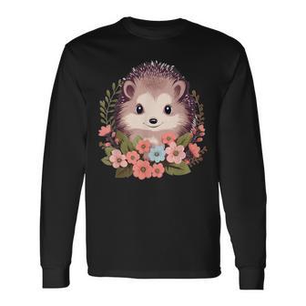 Cute Hedgehog With Flowers I Hedgehog Long Sleeve T-Shirt - Thegiftio UK