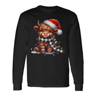 Cute Highland Cow Christmas Lights Santa Hat Winter Girly Long Sleeve T-Shirt | Seseable UK