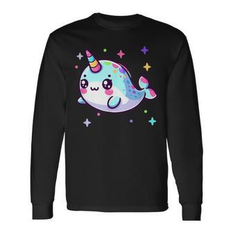 Cute Kawaii Narwhal Blue Pink Anime Sea Critter Fun Long Sleeve T-Shirt - Thegiftio