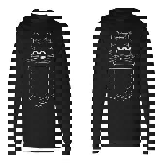 Cute Peeking Black Cat In Pocket Minimal – Faux Pocket Long Sleeve T-Shirt - Thegiftio