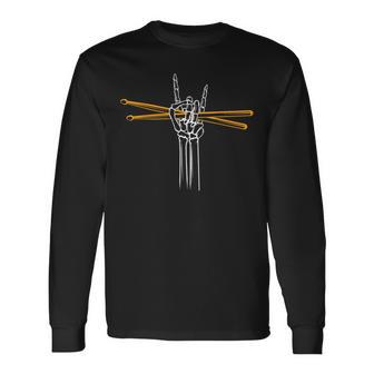 Drummer Drum Sticks Drumming Skeleton Hand Long Sleeve T-Shirt - Thegiftio UK