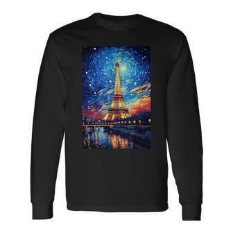Eiffel Tower Paris France Van Gogh Style Starry Night Long Sleeve T-Shirt - Thegiftio UK
