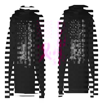 Fight Usa Flag Breast Cancer Awareness Patriotic Pink Ribbon Long Sleeve T-Shirt | Mazezy