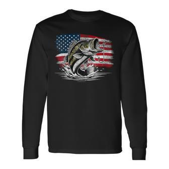 Fishing Retro Us American Flag Bass Fish Fisherman Camo Long Sleeve T-Shirt - Thegiftio UK