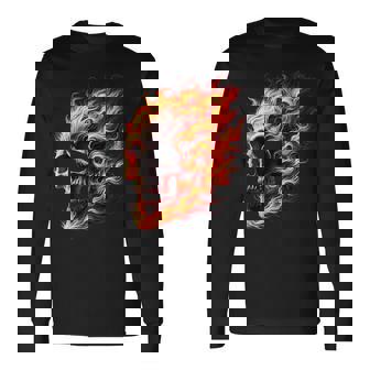 Flaming Skull Graphic Long Sleeve T-Shirt - Monsterry