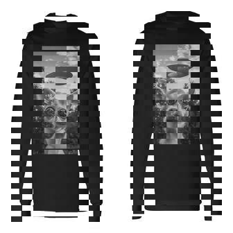 Chihuahuaelfie With Ufo Ufo と面白いチワワのセルフィー 長袖Tシャツ - Kawaiitshirt