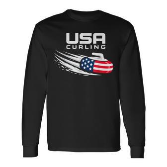 Curling Usa Support American Flag Winter Sports Lovers Long Sleeve T-Shirt | Seseable FR