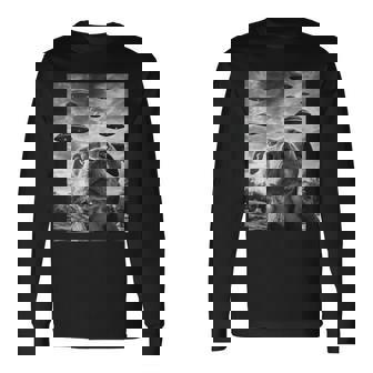 Dog Pitbull Selfie With Ufos Alien Novelty Long Sleeve T-Shirt | Mazezy