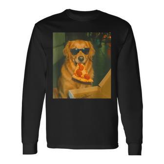 Golden Retriever Dog Eating Pizza Meme Retro Long Sleeve T-Shirt - Thegiftio UK