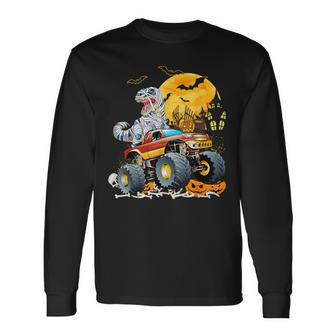 T Rex Saurus Riding Monster Truck Happy Halloween Long Sleeve T-Shirt - Thegiftio UK