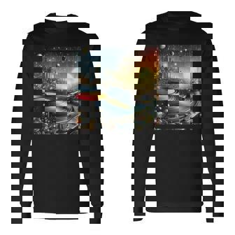 Futuristic Space City Vinyl Record Player Sci-Fi Cityscape Long Sleeve T-Shirt | Seseable CA