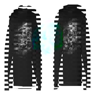 Grey Wolf Hunting In The Forest Under Full Moon And Aurora Long Sleeve T-Shirt - Thegiftio