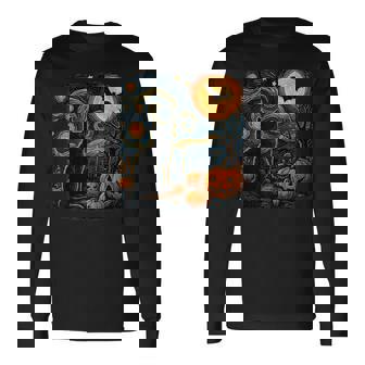 Halloween Black Cat Van Gogh Starry Night Cat Lovers Cat Long Sleeve T-Shirt | Seseable CA