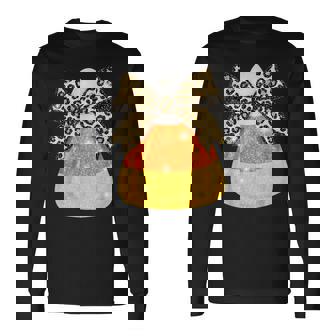 Halloween Candy Corn Leopard Coquette Bow Spooky Season Long Sleeve T-Shirt | Mazezy