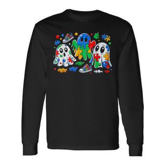 Halloween Ghost Colorful Puzzle Ribbon Autism Awareness Long Sleeve T-Shirt | Seseable UK