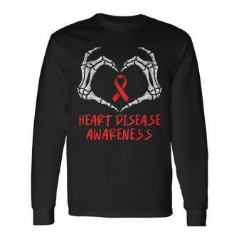 Heart Health Skeleton Red Ribbon Heart Disease Awareness Chd Long Sleeve T-Shirt - Thegiftio UK