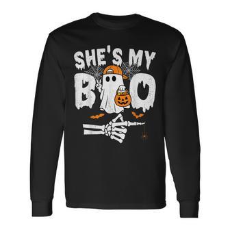 He's My Boo Matching Couple Halloween Couples She's My Boo Long Sleeve T-Shirt - Monsterry